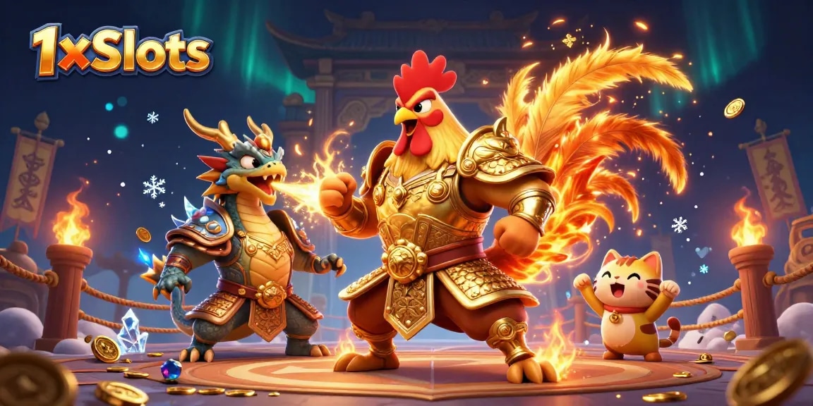 Engage with 1xSlots, featuring a dynamic scene of a rooster warrior and dragon hatchling in a vibrant casino atmosphere.