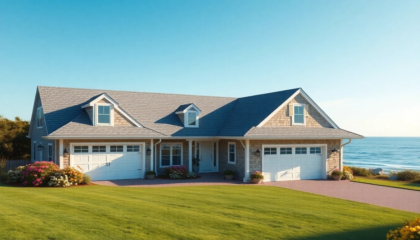 Architectural view of a stunning cape cod home with an attached garage, complemented by lush green landscaping.
