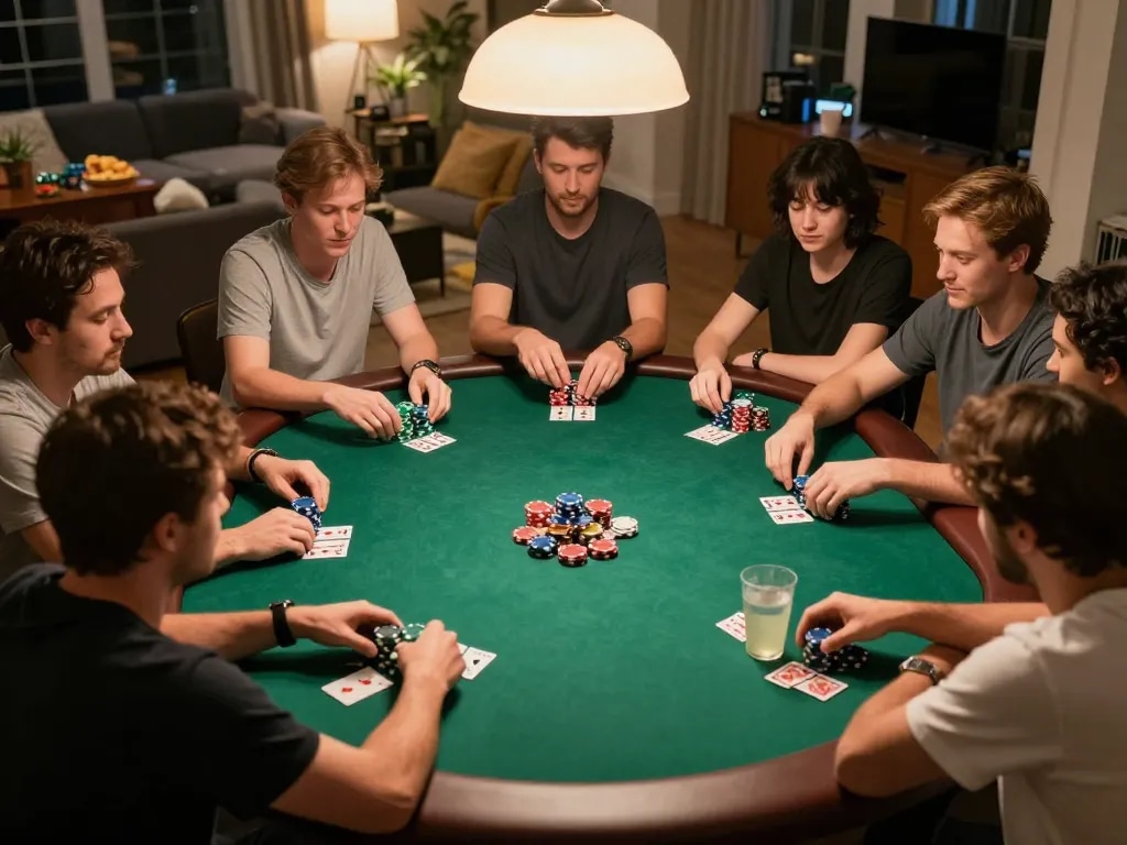 Players enjoying a poker night with bk8-themed chips, creating a vibrant home gaming atmosphere