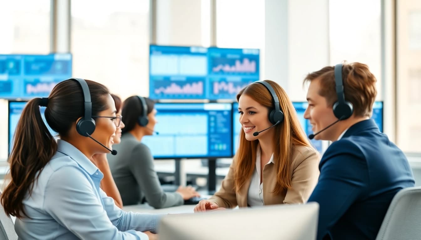 Agents utilizing call centre software to enhance customer interactions and team efficiency.