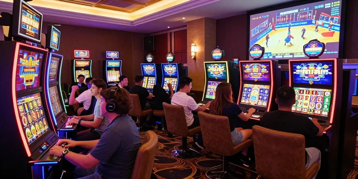 Slot players celebrating wins at a vibrant online casino with colorful machines and exciting graphics.