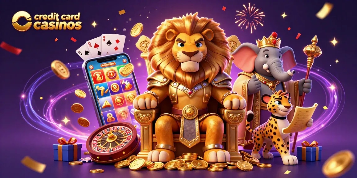 Experience dynamic gameplay at credit card casinos with vibrant slot games and celebratory effects.