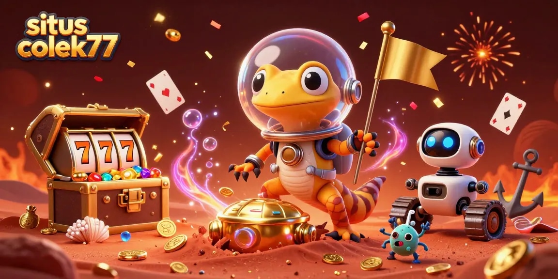 Engage with situs colek77's exciting slot adventures in this vibrant, cosmic-themed casino illustration.
