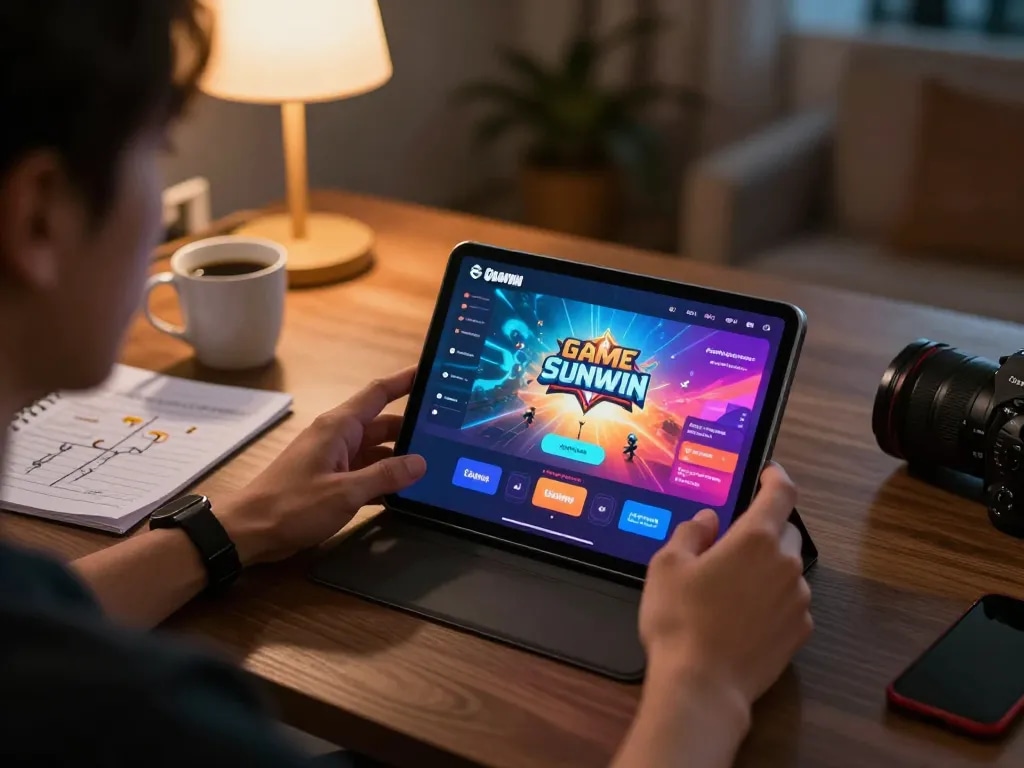 Engaged player exploring GAME SUNWIN on tablet, cozy home atmosphere with strategy notes.
