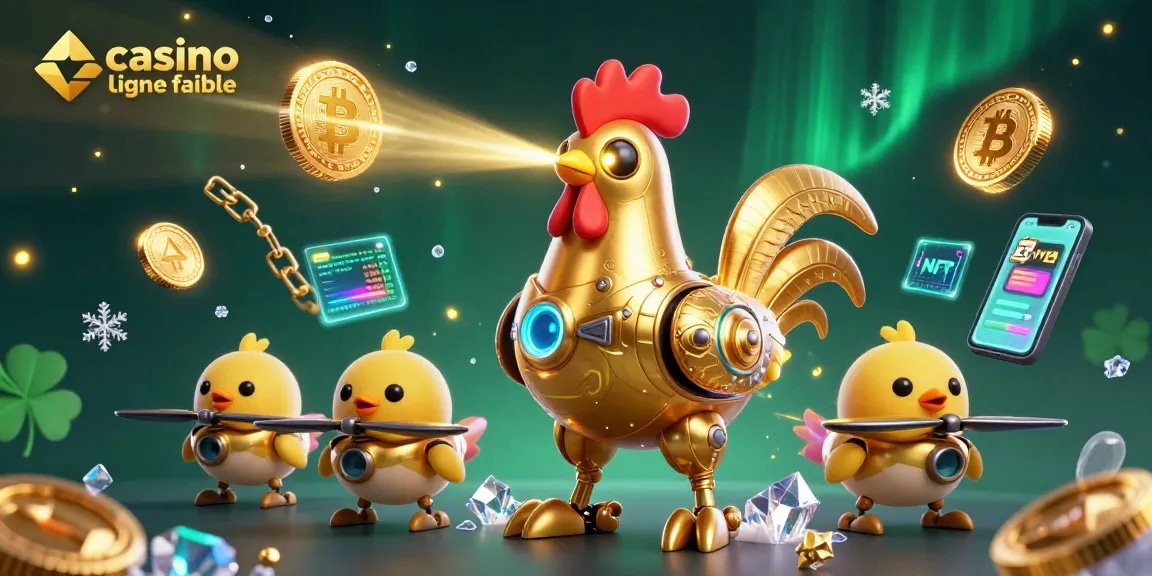 Jouez sur un casino en ligne fiable avec un robot coq en or et pièces de crypto en arrière-plan.