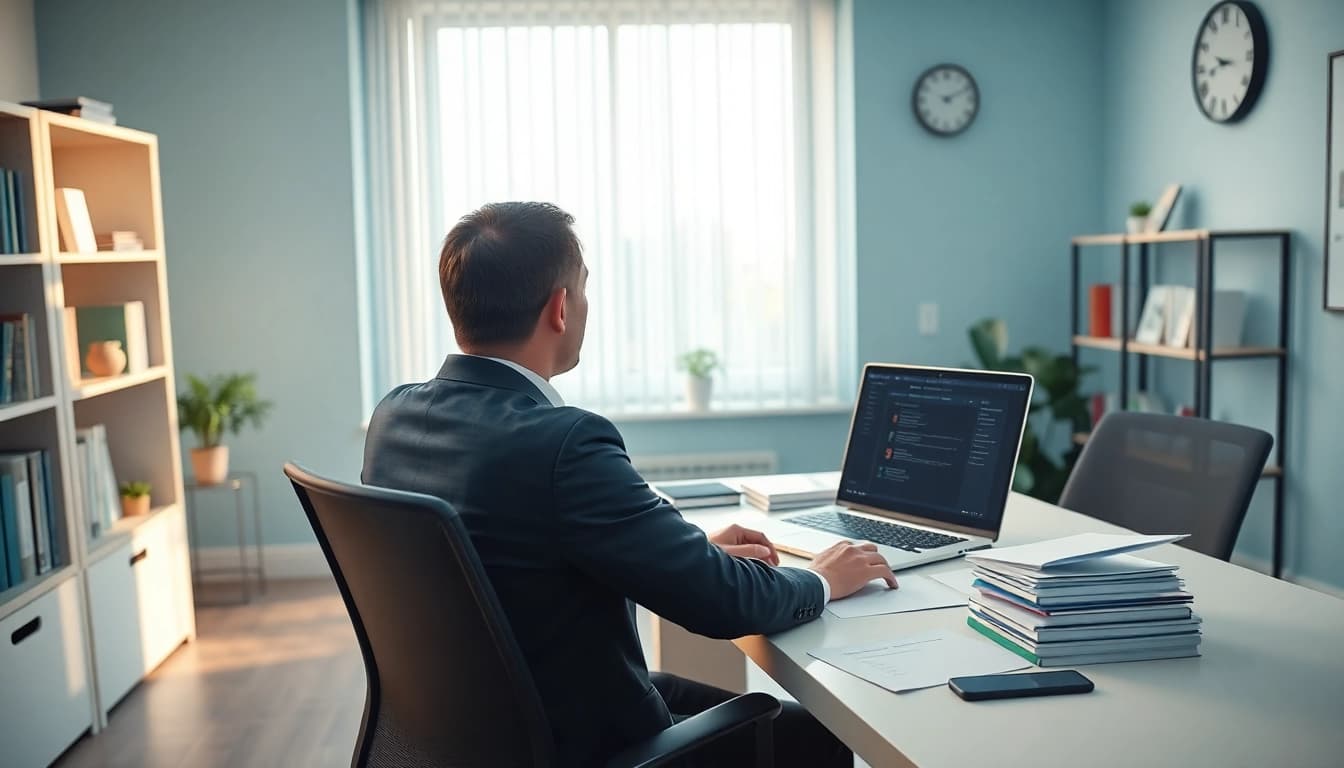 Traducteur portugais certifié au travail, démontrant professionnalisme et documents experts.