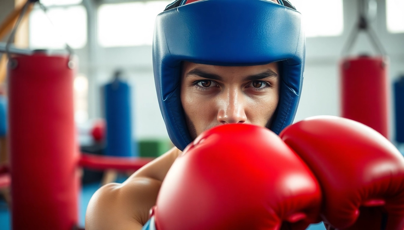 Un boxeador entrenando con casco de boxeo que protege su cabeza durante una sesión de sparring.