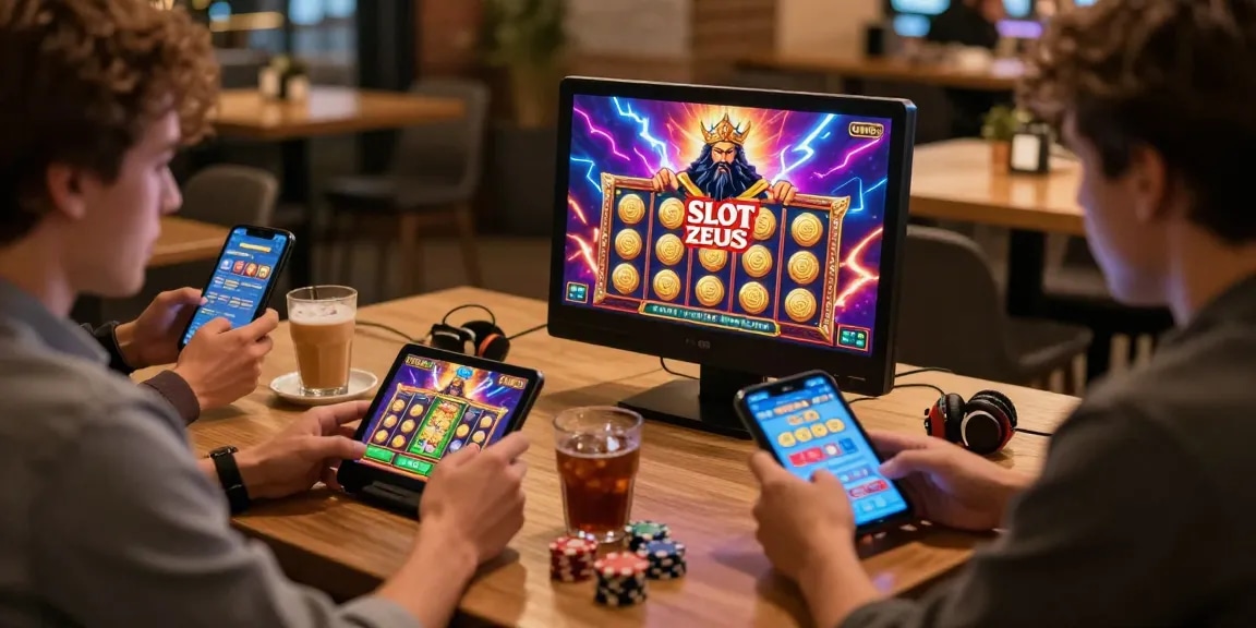 Excited players enjoying Slot Zeus game on mobile devices in a vibrant gaming cafe setting.