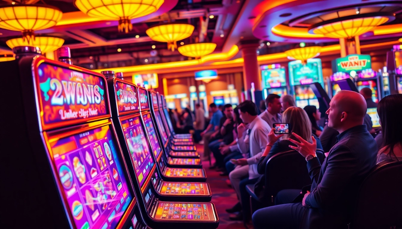 Pengalaman bermain slot777 yang penuh warna dengan mesin slot yang berkilau dan pemain yang terlibat.