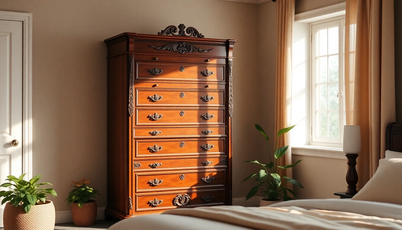 Organize your space with a stylish chest of drawers in a beautifully decorated bedroom.