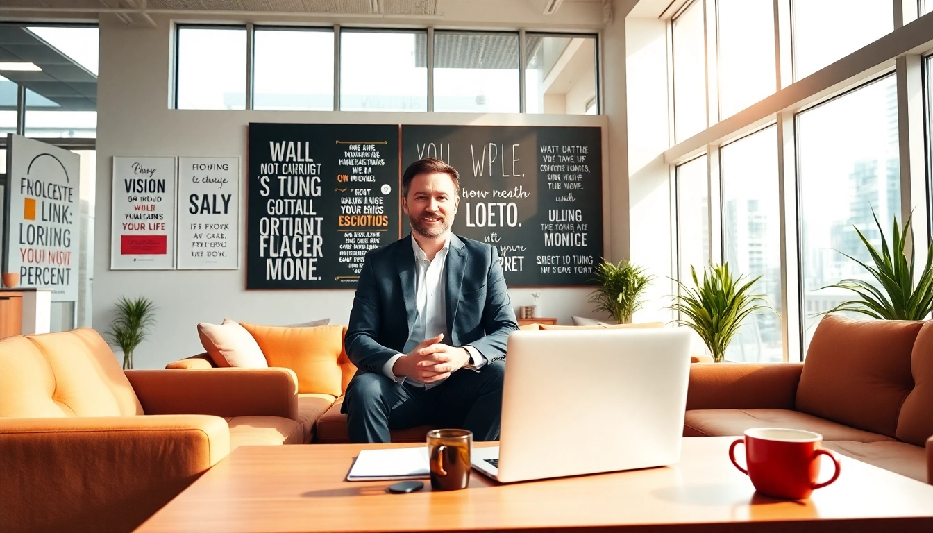 business coach los angeles inspiring clients in a modern office space with motivational elements.