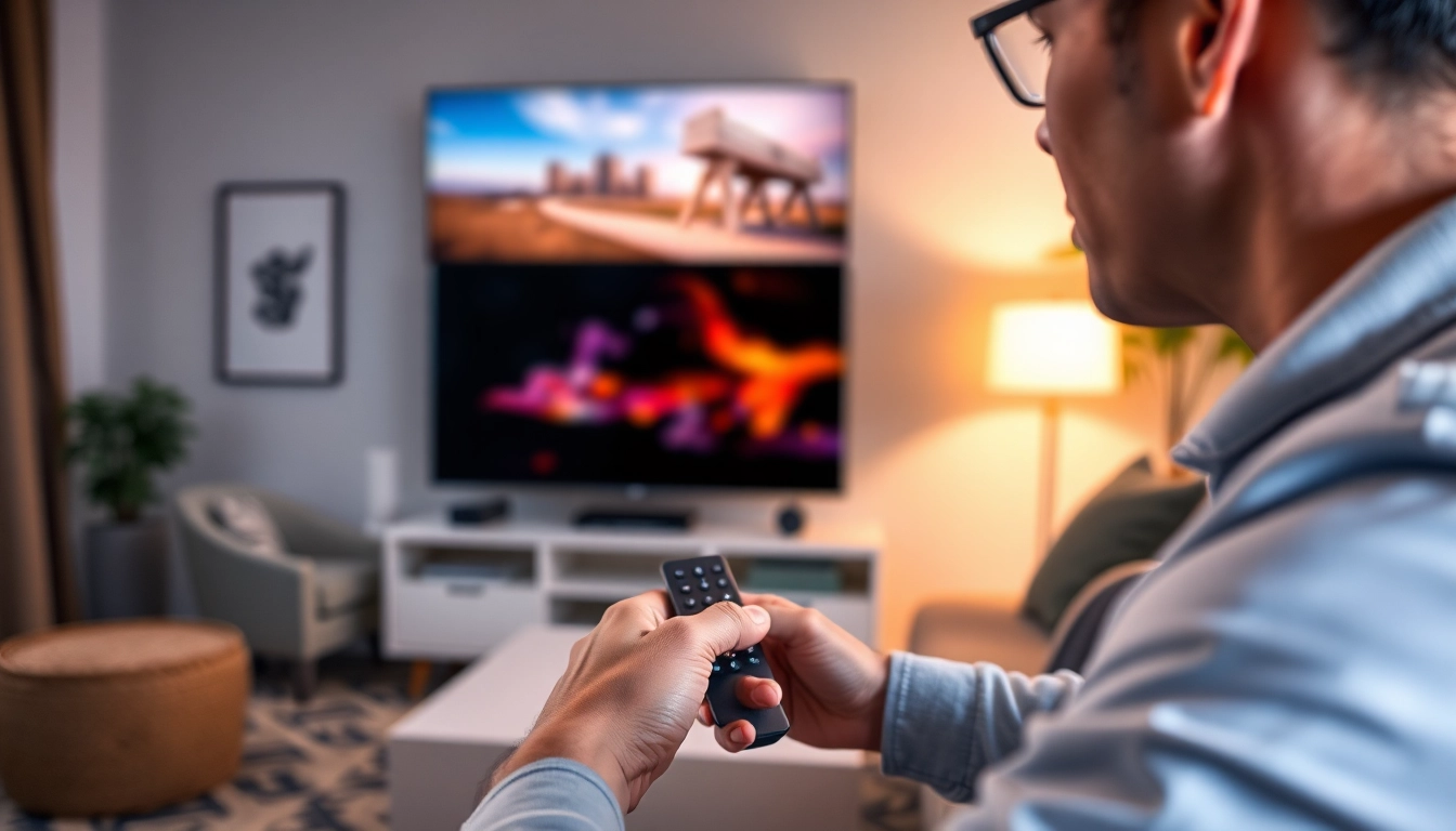 Engaged user watching smart iptv in a cozy living room setting with vibrant TV display.