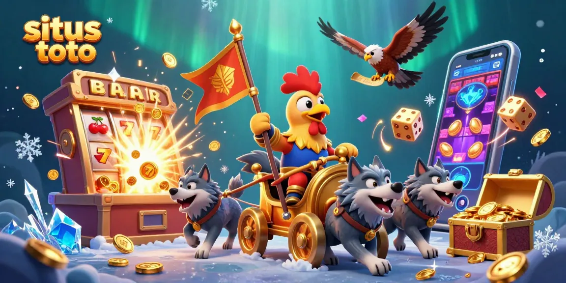 Engage with the situs toto adventure portrayed in a dynamic 3D illustration featuring a rooster warlord, slot machines, and thrilling gameplay elements.