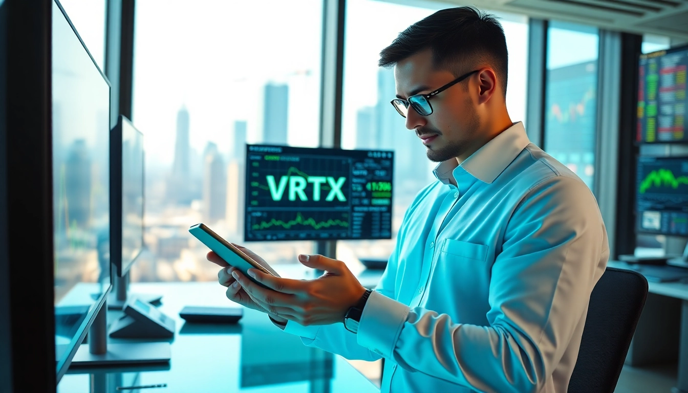 Analyst examining VRTX stock price trends in a modern trading environment.
