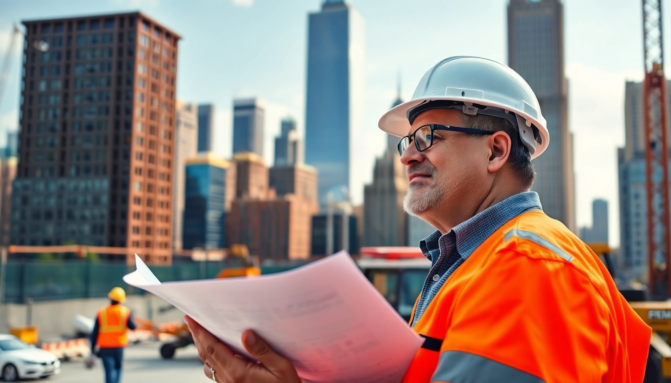 Dynamic scene of a New York City general contractor inspecting plans on a bustling construction site.