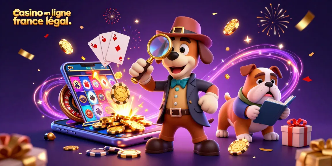 Illustration dynamique d'un casino en ligne légal en France montrant un détective canin analysant un jeton de poker.