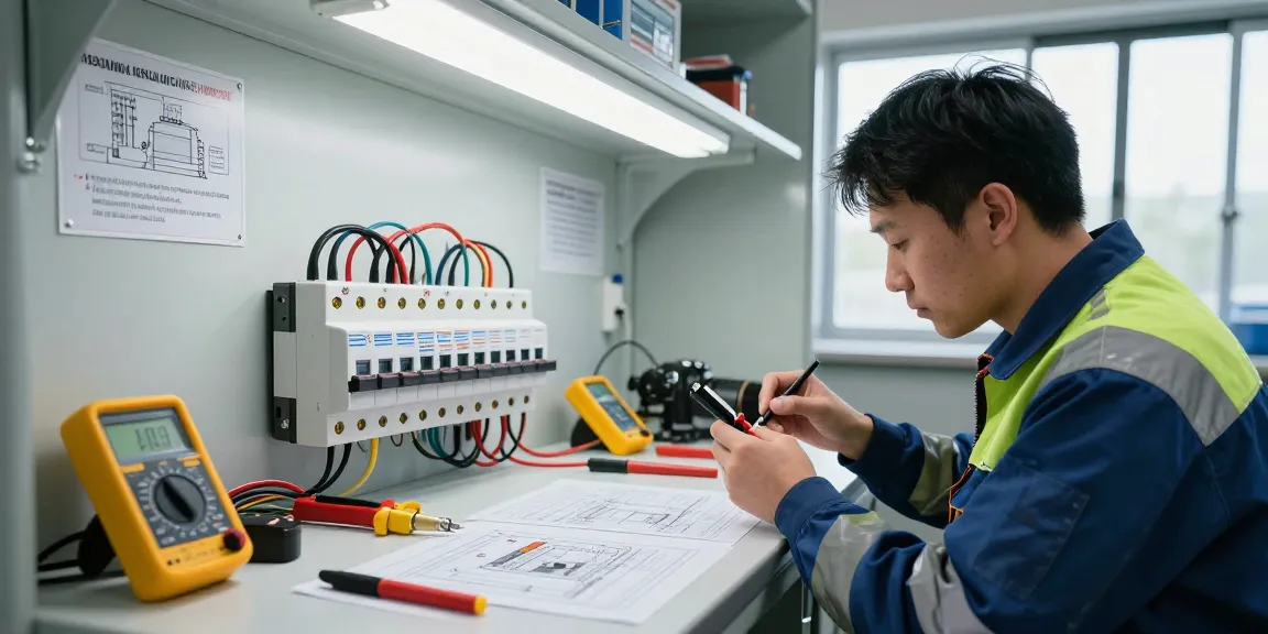 Technician inspecting a residual current circuit breaker in a professional electrical testing environment