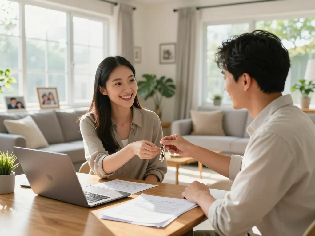 We buy houses for cash with a couple happily discussing sale options in a bright living room.
