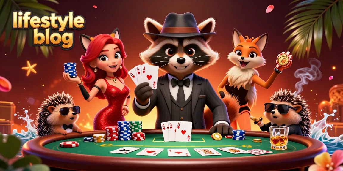 Experience a vibrant lifestyle blog scene with a suave raccoon and poker elements in action.