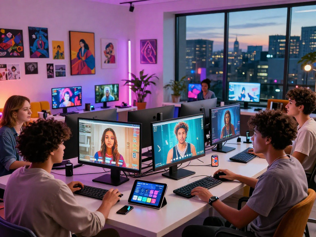 AI porn creation studio with diverse group collaborating on innovative adult content projects