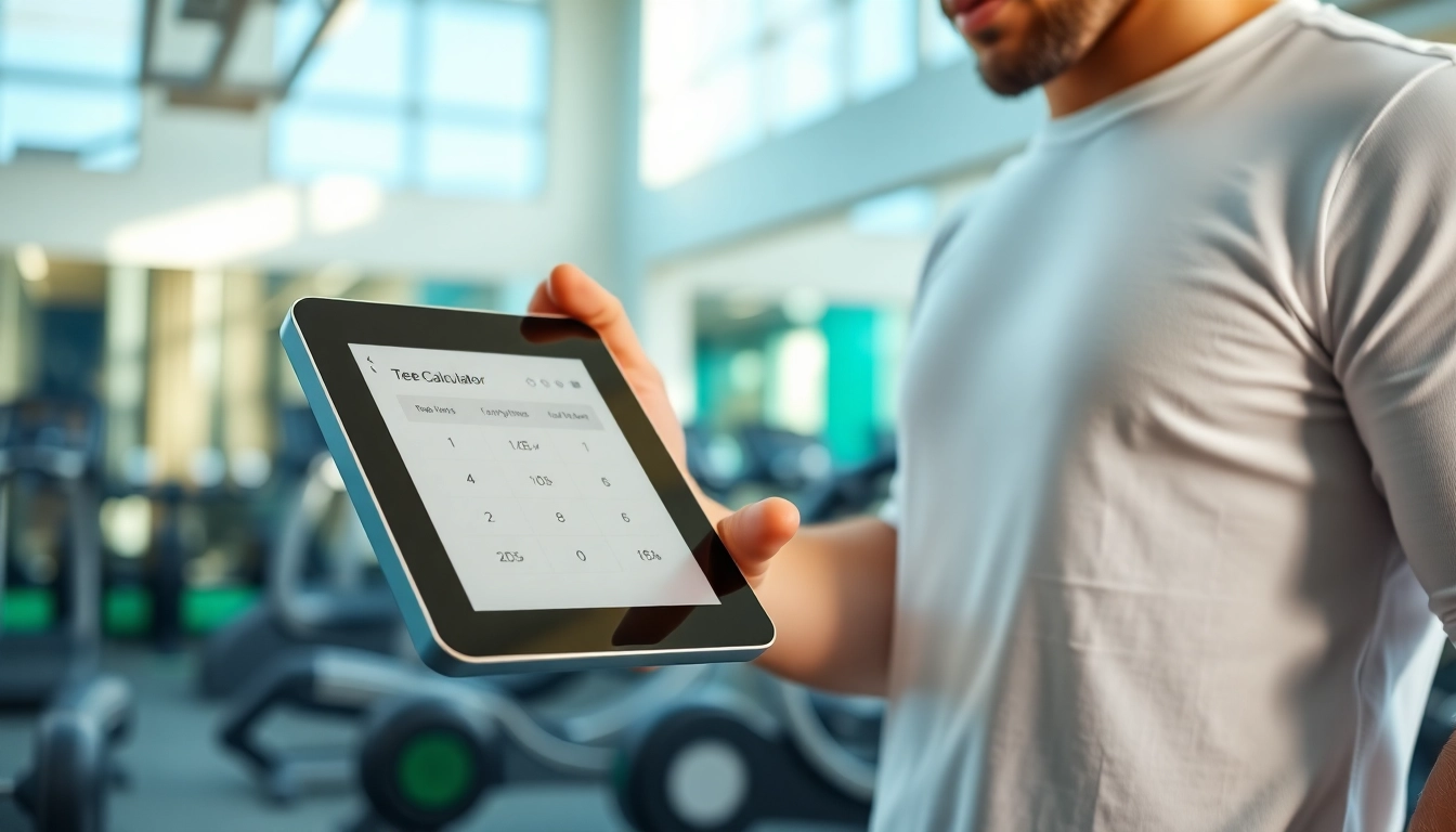 Calculate daily calories with a tdee calculator during a fitness session in a vibrant gym.