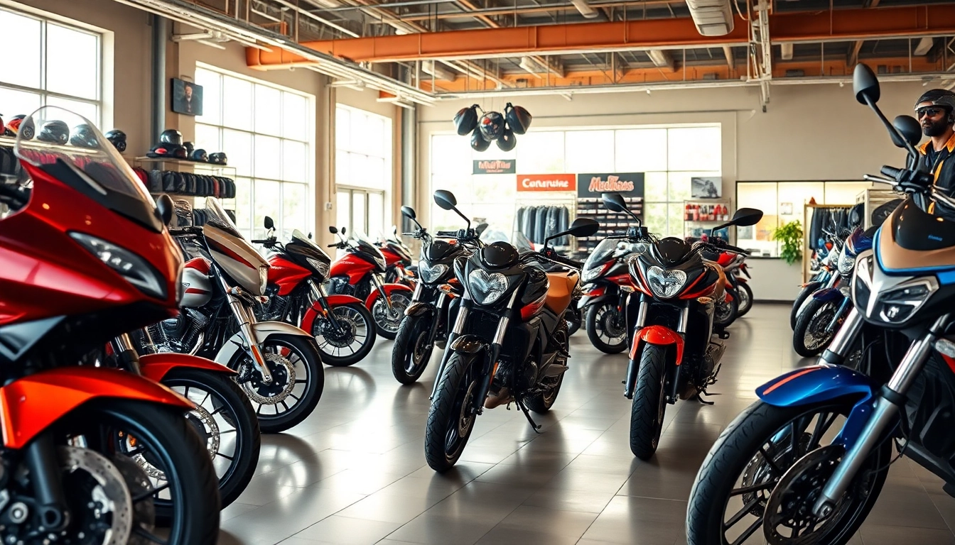 Motorradhändler präsentiert eine Auswahl glänzender Motorräder in einem einladenden Showroom.