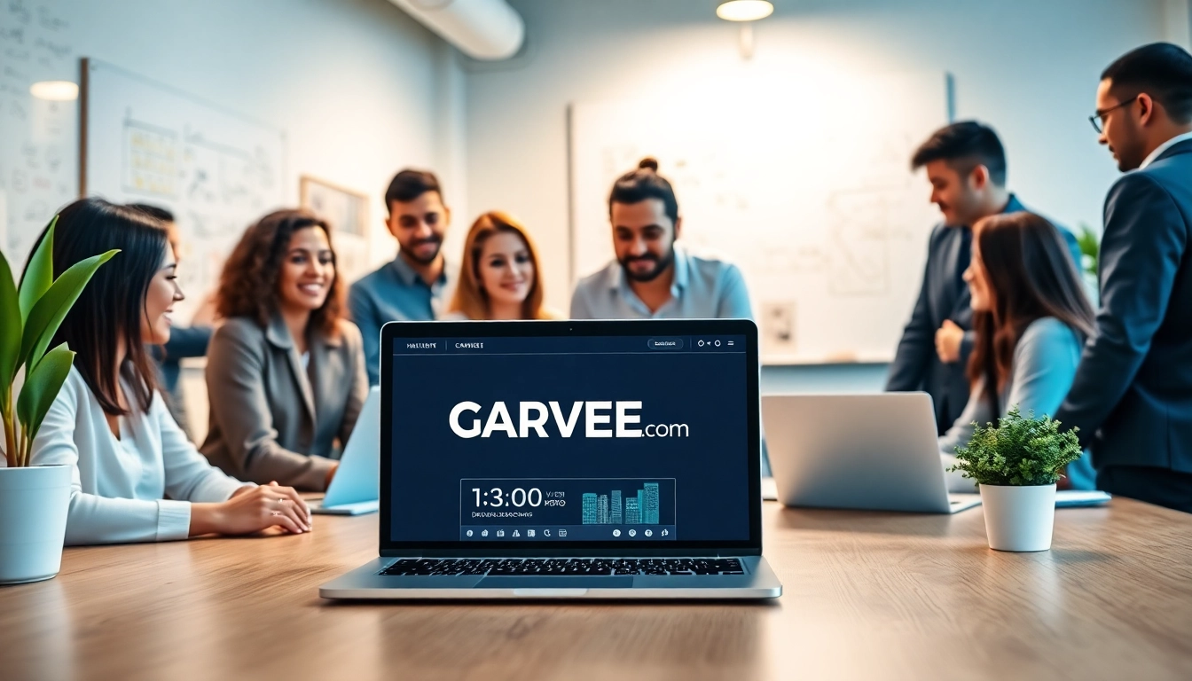 Team brainstorming on GARVEE.com website design in a modern office setting.