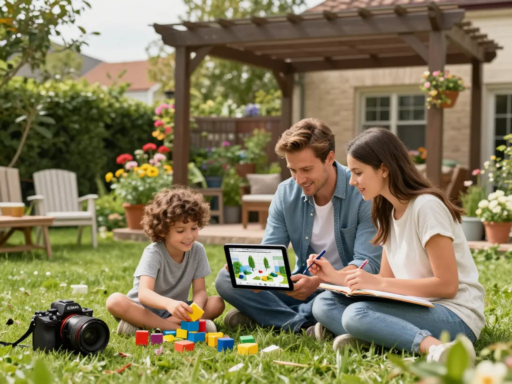 Family using a configuratore 3D per pergole on a tablet in their garden to design a custom pergola.