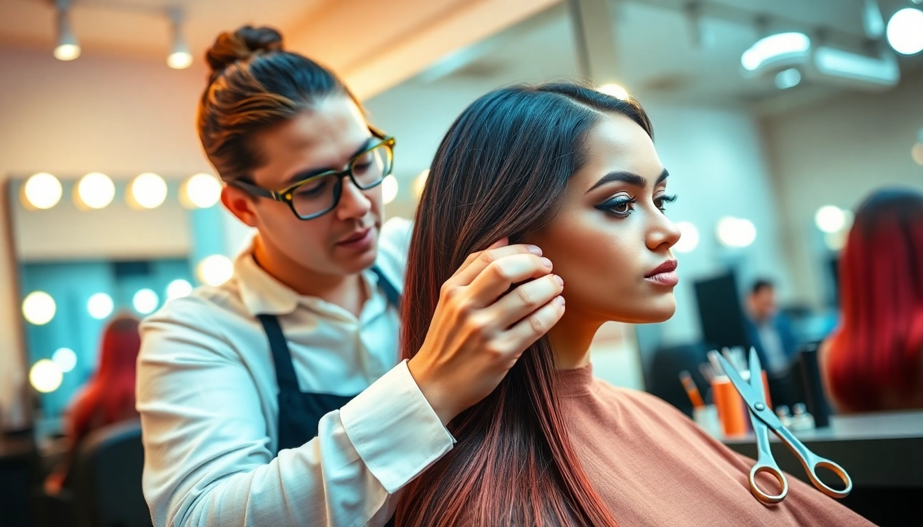 Applying sew in weft hair extensions in a chic salon setting by a professional stylist.