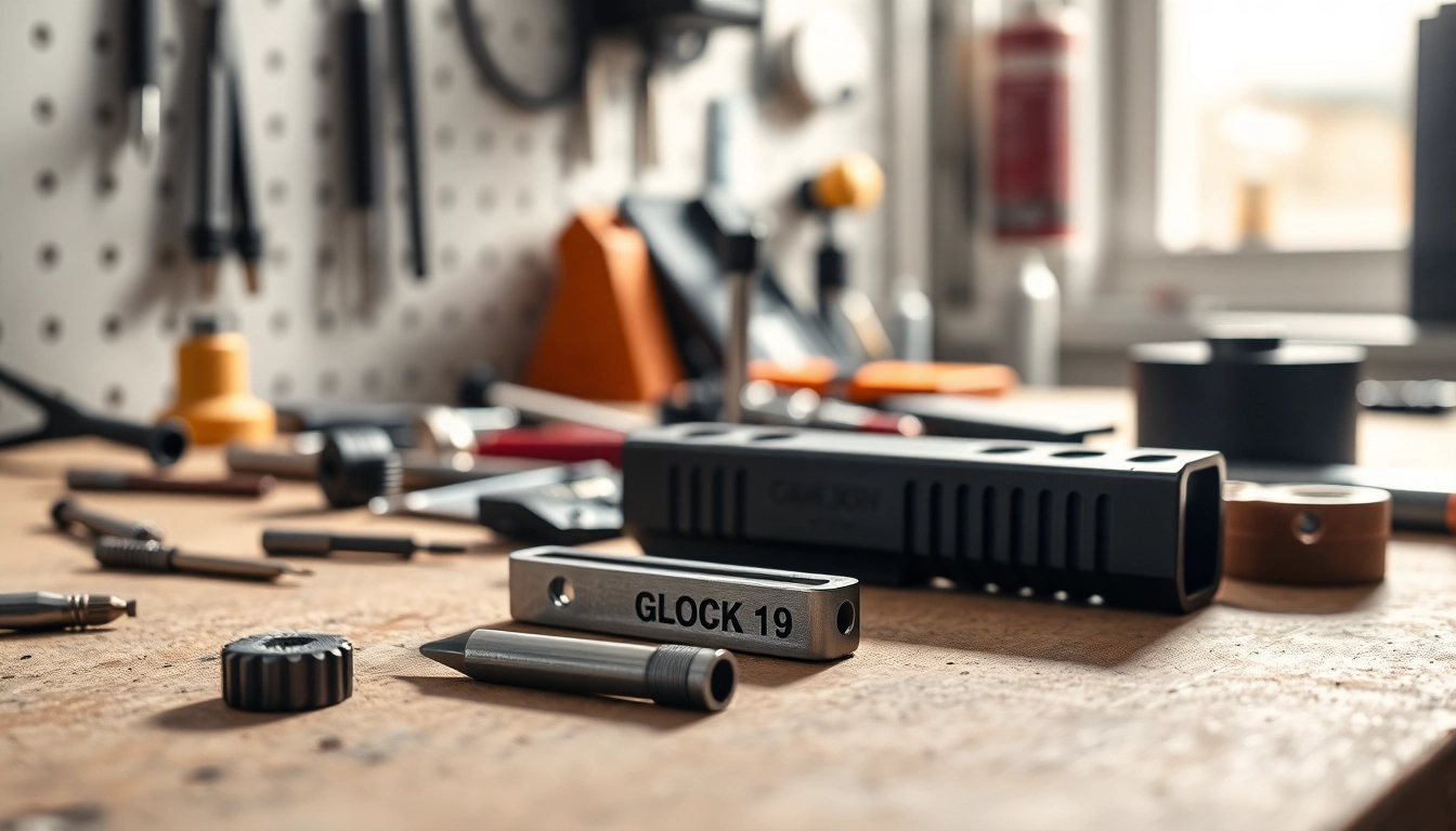 Showcase glock 19 slides on a workbench highlighting their precision engineering and finish.