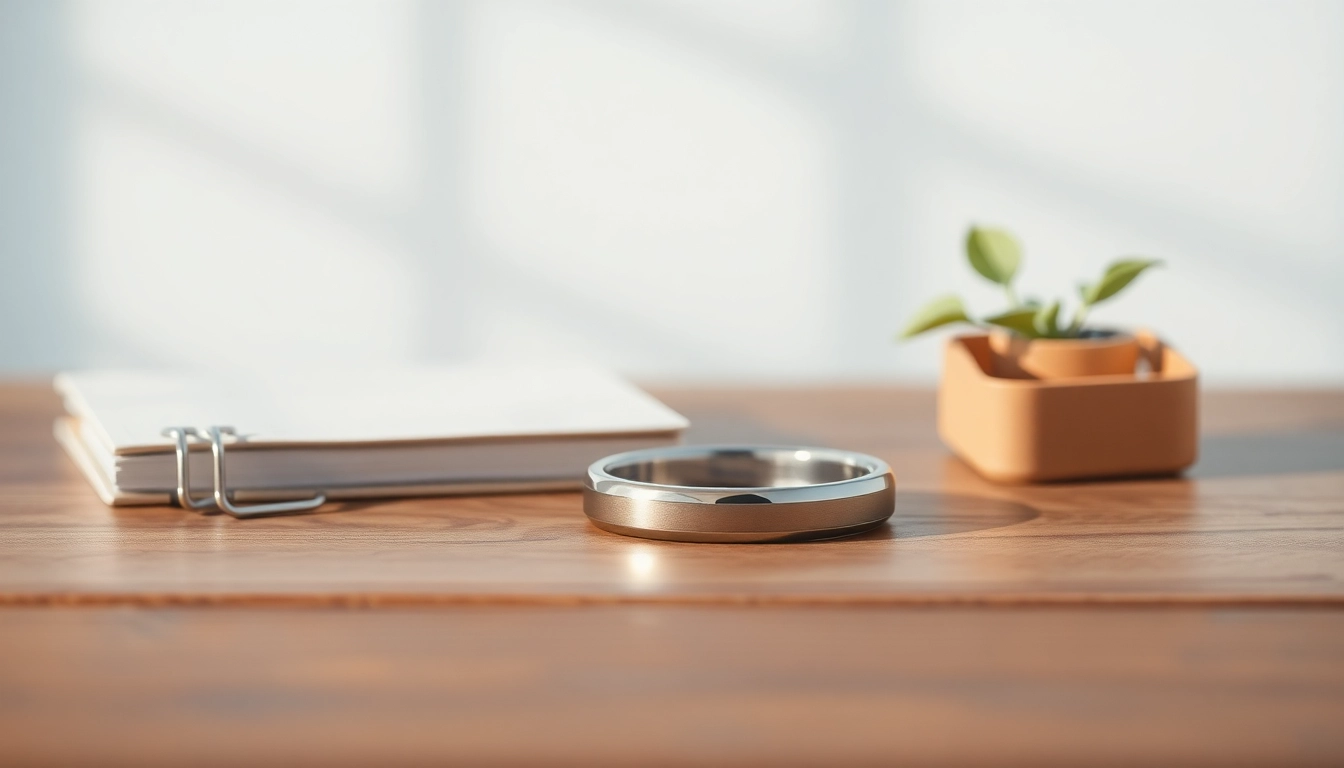 Showcasing the elegant Health Ring with a sleek metallic design on a wooden surface.