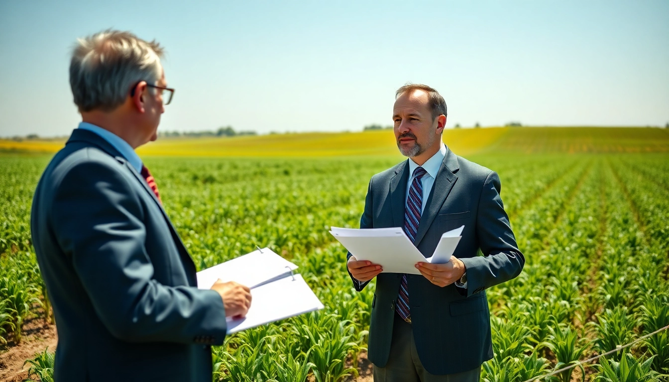 Engaged agriculture lawyer advising farmers in a sunlit field, showcasing legal guidance.