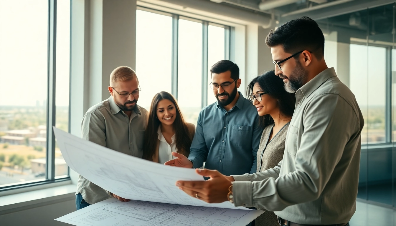 Illustration of Texas association of builders professionals collaborating on blueprints in a bright office.