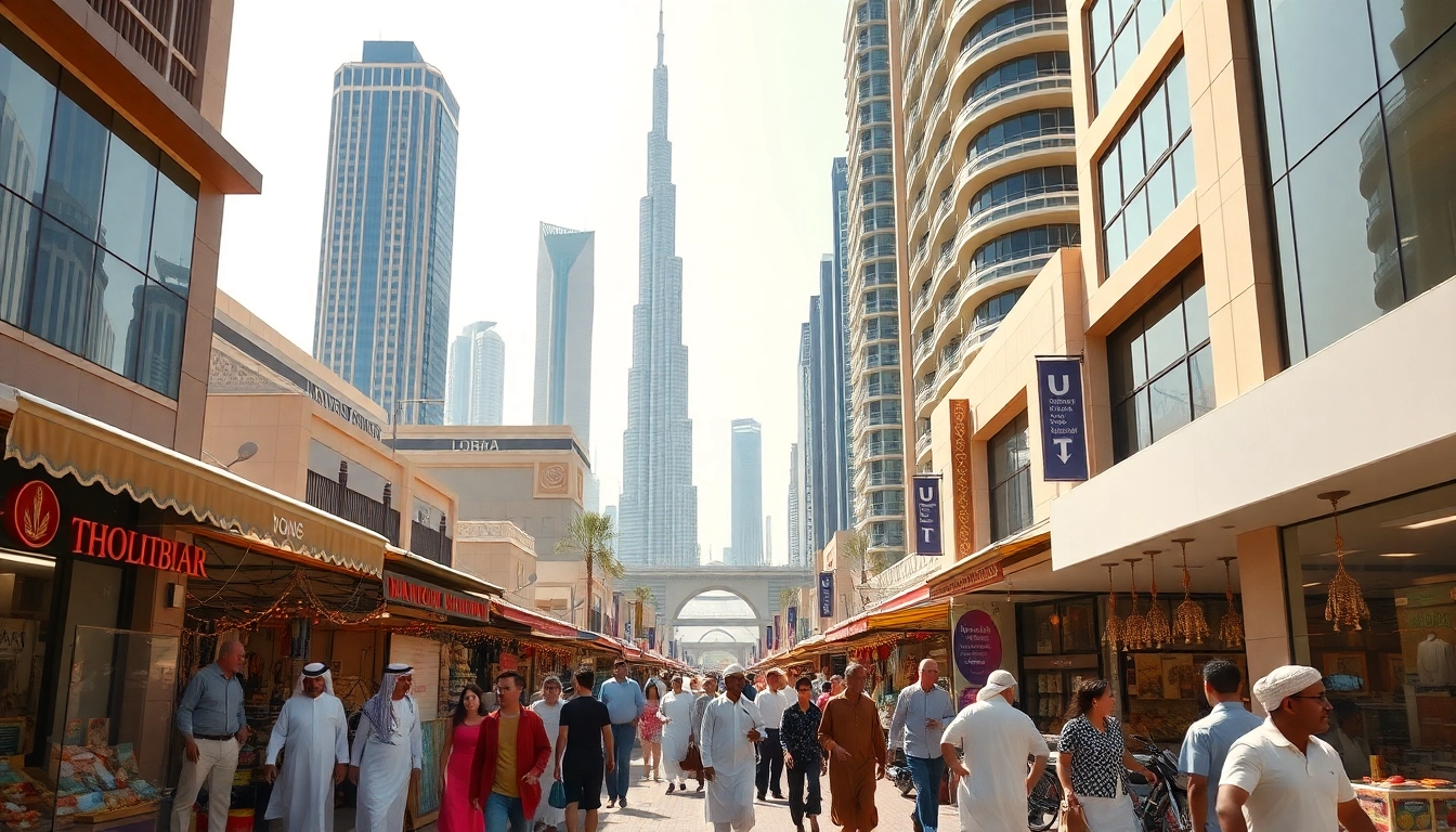 Visit the Best Hotspots in Dubai, showcasing vibrant markets and stunning skyscrapers in a lively street scene.