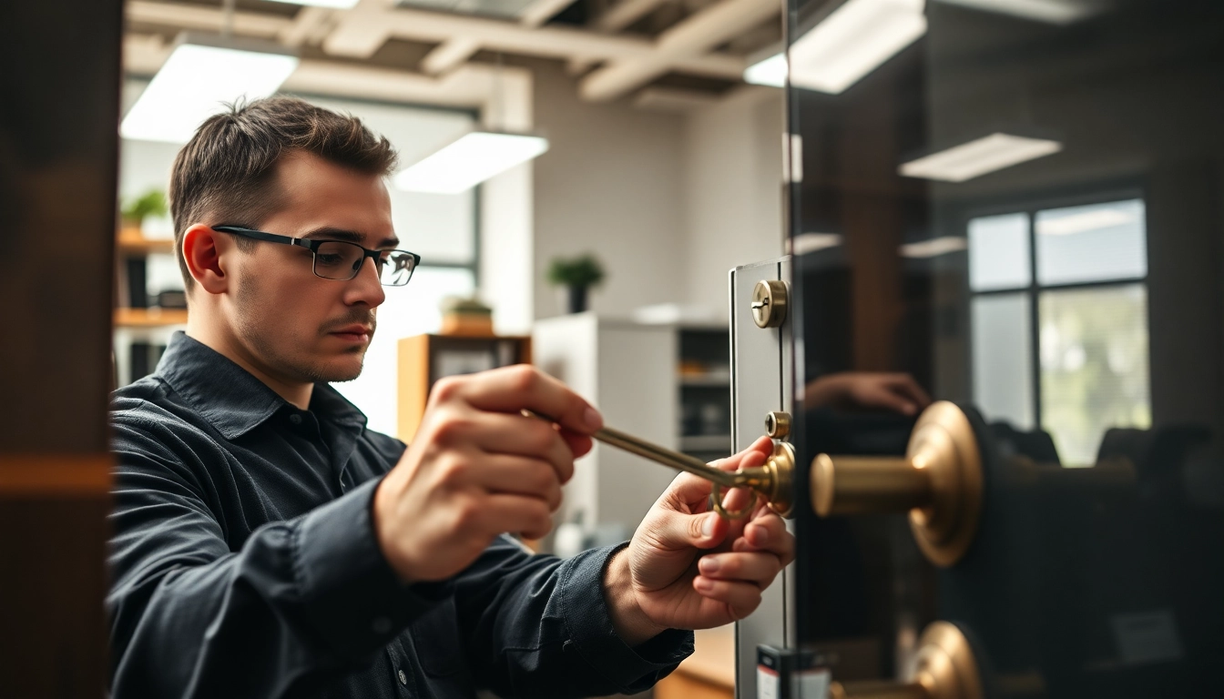 Commercial Locksmiths in Missouri assisting a client with high-security locks in an office setting.
