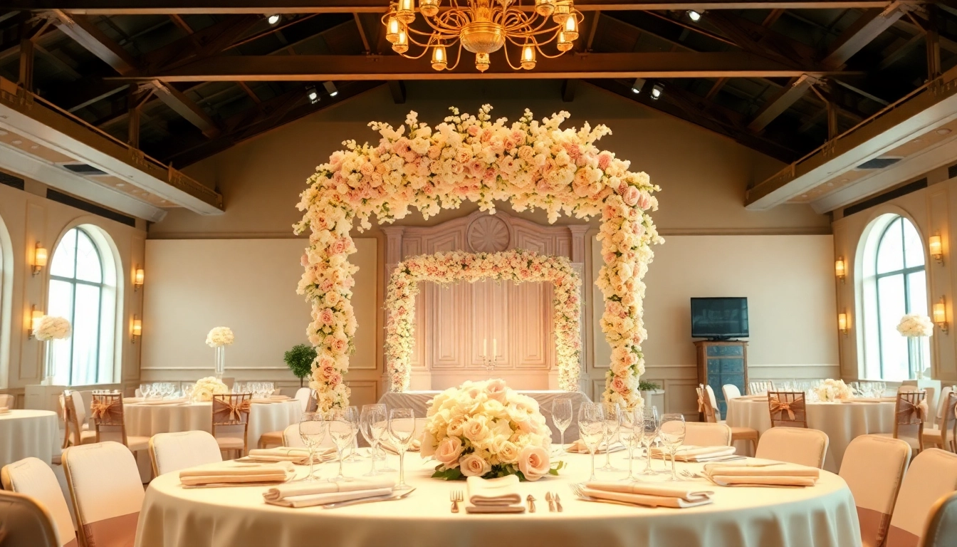 Hochzeitsaal mit romantischer Dekoration und eleganten Blumenarrangements.