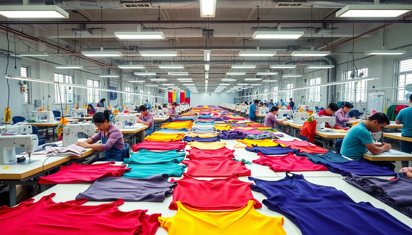 Clothing manufacturers in China showcase vibrant tops being crafted in a lively workshop setting.