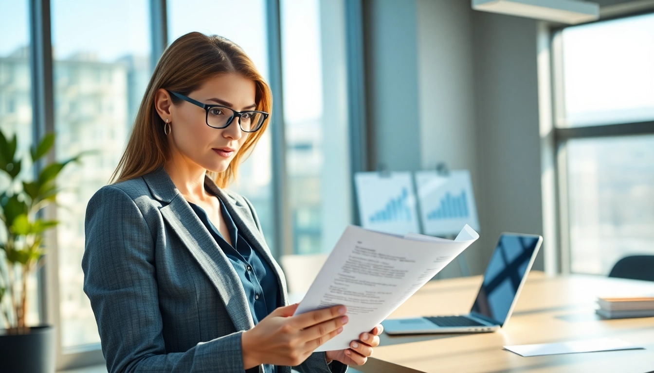 Businesswoman analyzing Federal and State contracts in a bright office setting.