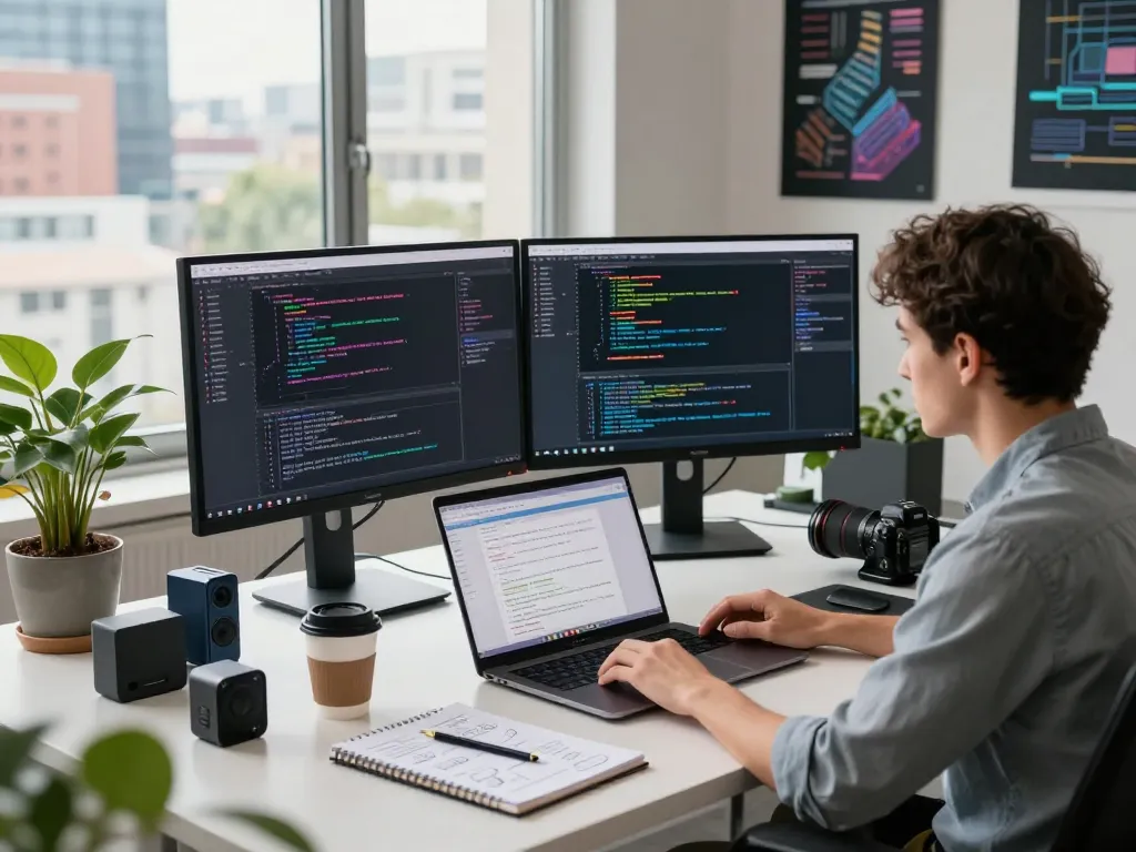 Freelance web developer Kuala Lumpur focused on coding at a modern workspace with dual monitors showcasing vibrant designs.