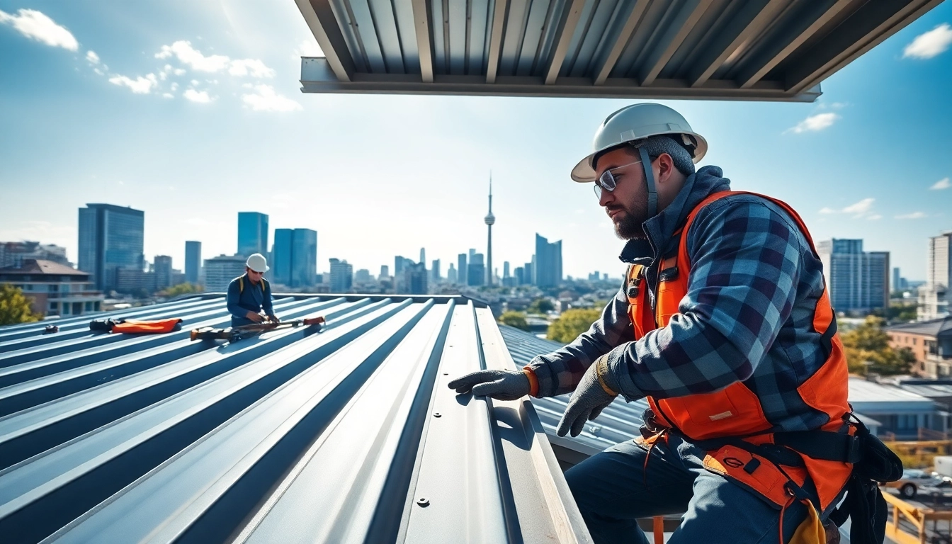 Showcasing metal roofing installation in Toronto, highlighting craftsmanship and modern design with skilled technicians.