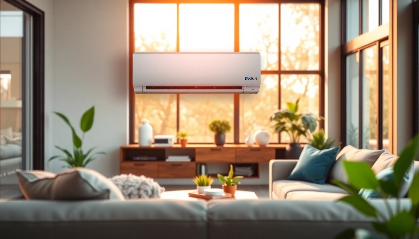 Showcase a Daikin mini split AC in a modern living room, highlighting its design and functionality.