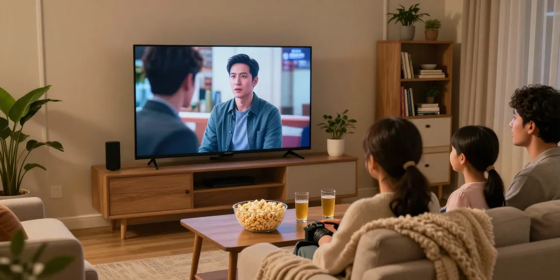 티비위키 프로그램을 즐기는 가족의 아늑한 거실 풍경