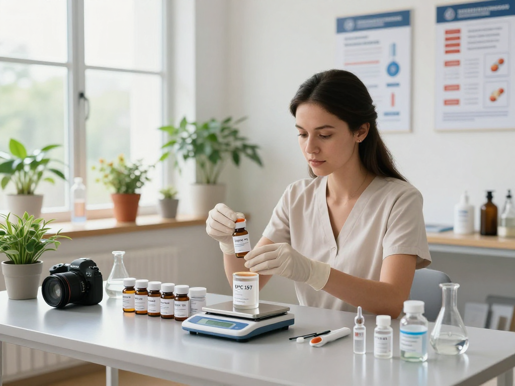 BPC 157 TB 500 Blend preparation in a modern wellness space focusing on precision compounds.