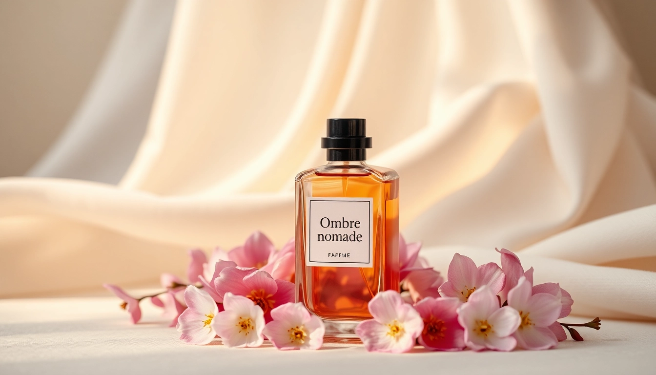 Ombre nomade perfume bottle elegantly showcased with delicate blooms in soft lighting.