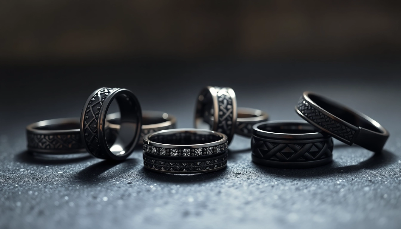 Showcasing elegant Black Zirconium Rings with unique designs and finishes on a dark background.