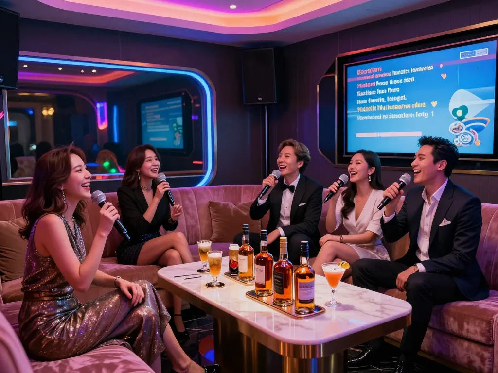 Enjoy a lively karaoke experience at gangnamtune.com with friends in a vibrant, luxurious private room featuring drinks and a modern sound system.