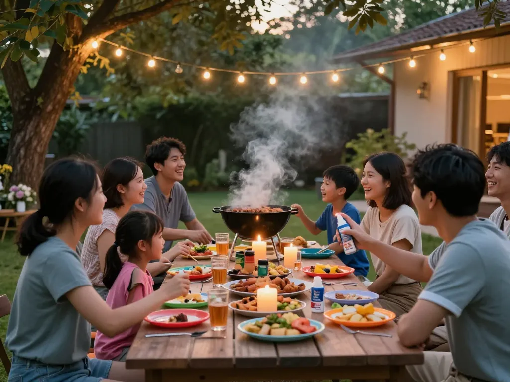 Family enjoying a summer barbecue while using the best mosquito repellent for effective protection