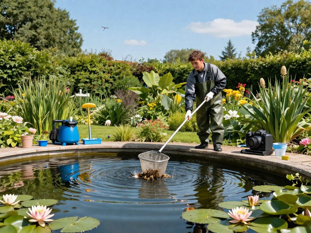 Pond Cleaning Essex service with a professional cleaning pond filled with water lilies.