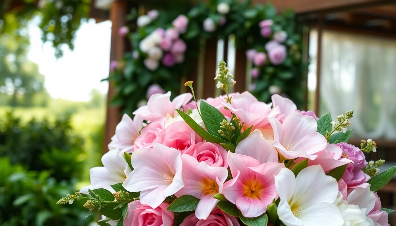 Arrange elegant wedding flowers in a charming outdoor setup, showcasing lush colors and details.