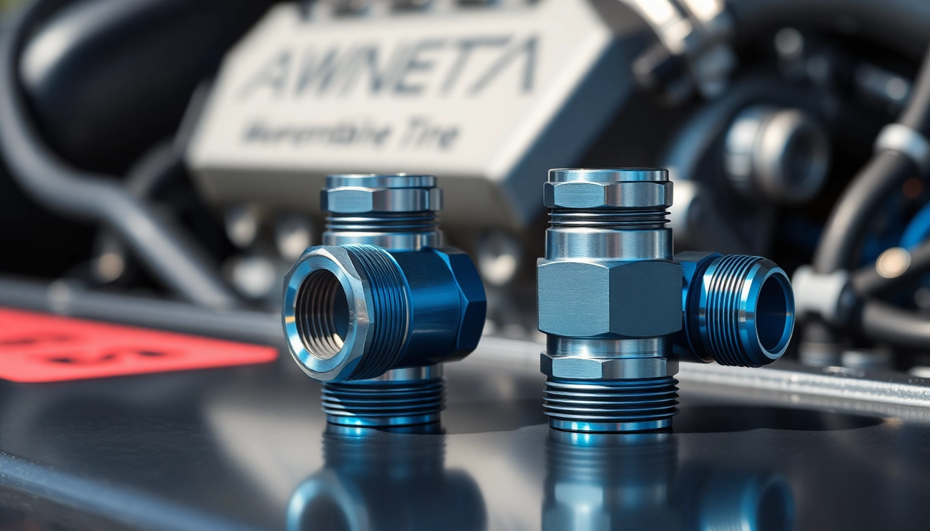E85-compatible AN fittings displayed with intricate detail against a sleek automotive backdrop.